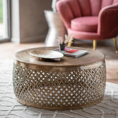 Gold Metal Round Coffee Table Intricate Netted Carving