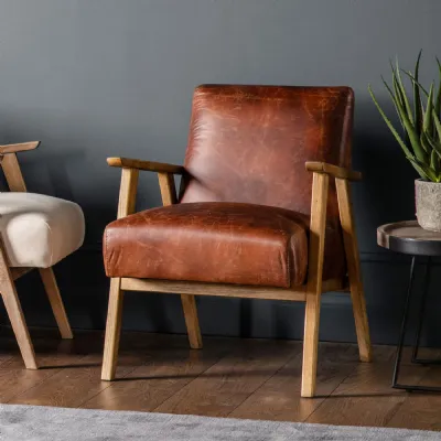 Vintage Tan Brown Leather Armchair with Oak Legs and Arms
