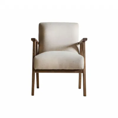 Comfy Natural Linen Fabric Armchair Wooden Arms and Frame