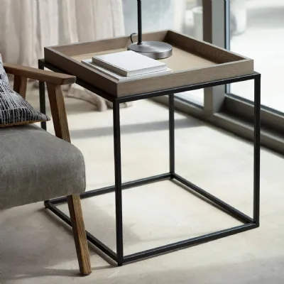 Grey Finished Oak Wood Tray Top Side Table Black Metal Frame