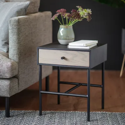 Grey and Black Oak Wood Bedside Table with Drawer