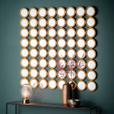 Large Gold Multi 64 Circles Framed 100cm Square Wall Mirror