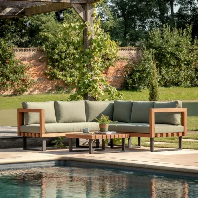 Large Green Cushioned Slatted Wood Garden Corner Sofa Set