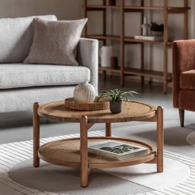 Natural Acacia Wood Lower Shelf Round Coffee Table