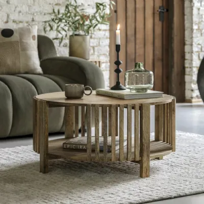 Slatted Wood 80cm Round Coffee Table Japandi Style