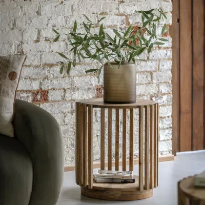 Japandi Style Slatted Wood Round Lamp Side Table