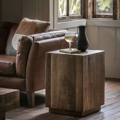 Natural Wood Blocky Shape Chunky Square Side Table