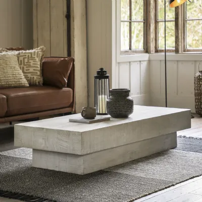 Rustic White Washed Chunky Wood Block Low Coffee Table