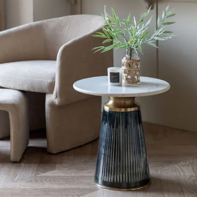 White Marble Top Round Side Table with Blue Glass Base