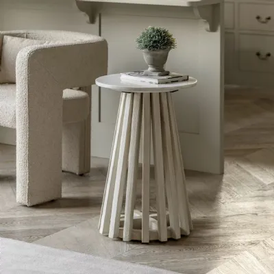 White Marble Top Japandi Round Side Table Natural Wood Base