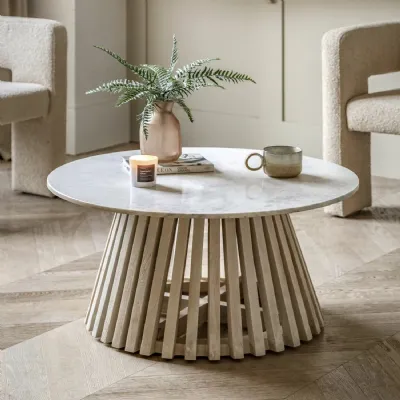 White Marble Top 80cm Round Coffee Table Wooden Slatted Base