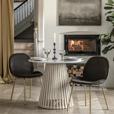 White Marble Top 90cm Small Round Dining Table Slatted Wood Base