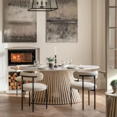 White Marble Top Oval Dining Table Slatted Base