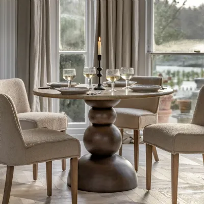 Retro Stone Top Round Dining Table Dark Wooden Base