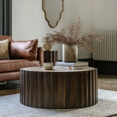 Dark Mango Wood Round Stone Top Coffee Table Scalloped Edges