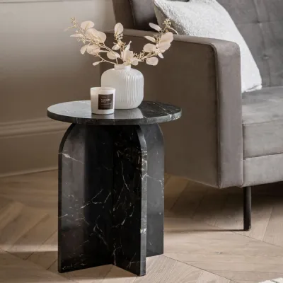 Black Marble Small Round Side Lamp Table