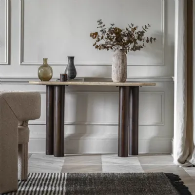 Cream Stone Top Console Table Dark Wood Turned Chunky Legs