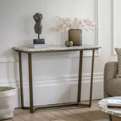 Green and Grey Marble Effect Console Table Bronze Metal Base