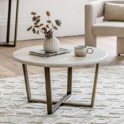 Travertine Marble Top Round Coffee Table Bronze Metal Base