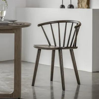 Dark Brown Oak Wooden Curved Spindle Back Dining Chair
