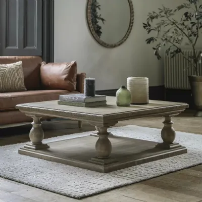 Rustic Natural Wood Large Columned 100cm Square Coffee Table