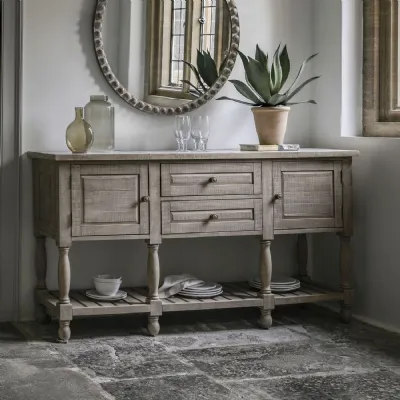 Natural Wood Marble Top 2 Door 2 Drawer Open Base Sideboard