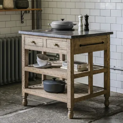 Rustic Natural Wood Marble Top Kitchen Island with 2 Drawers