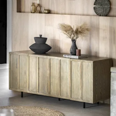 Smoked Wood 4 Door Wide Sideboard Black Metal Legs