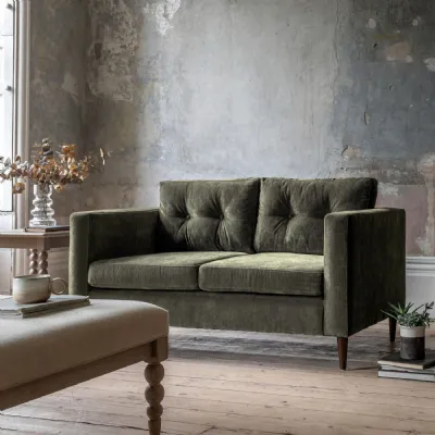 Green Fabric 2 Seater Buttoned Back Sofa