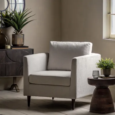 Natural Fabric Comfy Armchair with Wooden Legs
