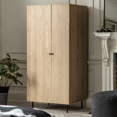 Natural Oak 2 Door Double Wardrobe Black Metal Legs