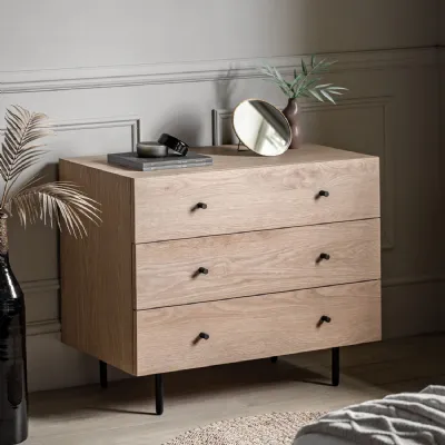 Modern Natural Oak Chest of 3 Drawers Black Metal Legs