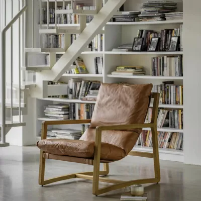Vintage Brown Leather Curved Lounge Chair Oak Frame