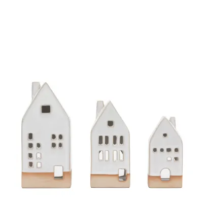 Pearly White Ceramic Tealight Houses (3pk)