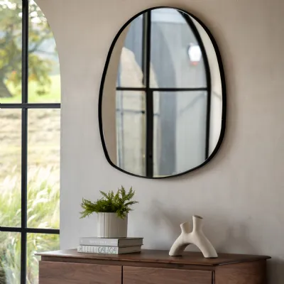 Black Metal Framed Small Pebble Shaped Wall Mirror