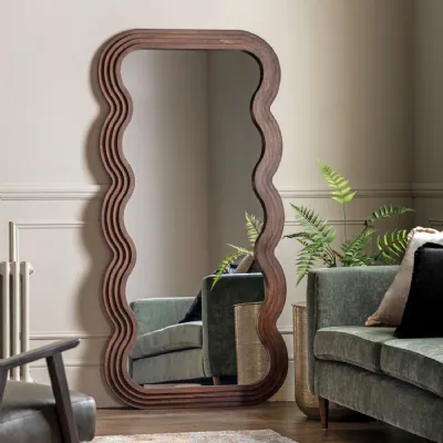 Large Brown Dark Wooden Leaner Wavy Edge Wall Mirror
