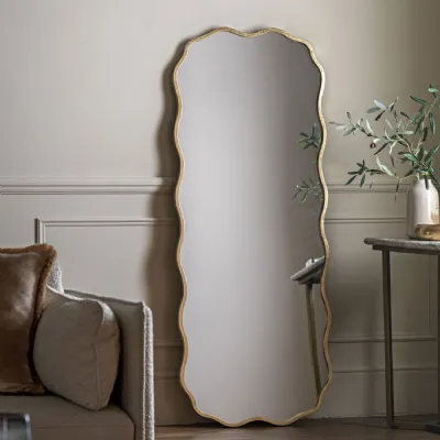 Rustic Gold Metal Wavy Edge Framed Leaner Wall Mirror
