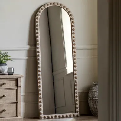 Tan Wooden Arch Leaner Wall Mirror with Bobble Detail
