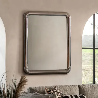 Large Curved Edge Rectangular Chrome Tubed Metal Wall Mirror