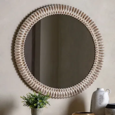 Large White Washed Wooden 3D Etched 90cm Round Wall Mirror