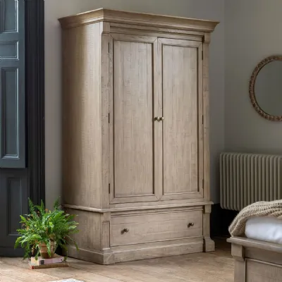 Rustic Weathered Solid Wood 2 Door Wardrobe with Drawer