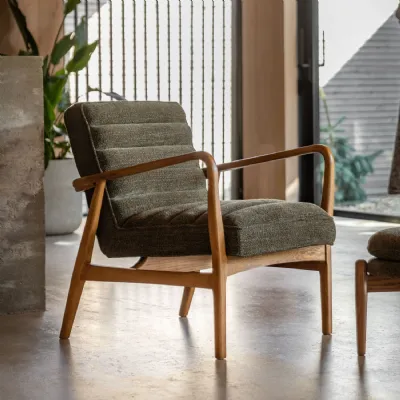 Green Boucle Fabric Armchair Curved Oak Arms