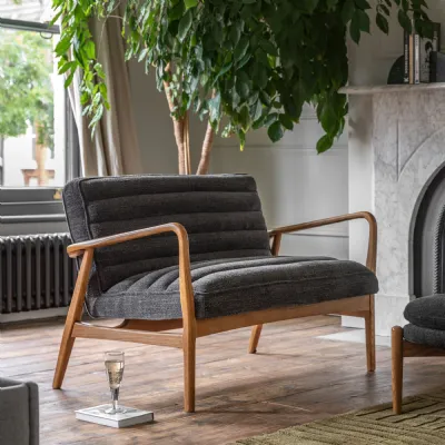 Charcoal Fabric 2 Seater Sofa Curved Oak Arms