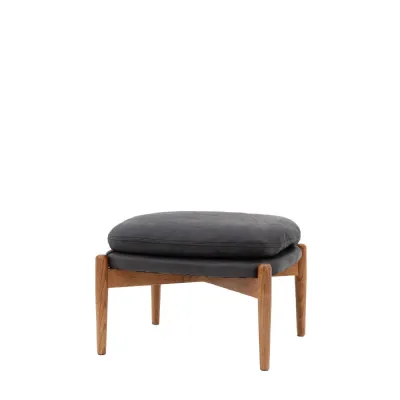 Antique Ebony Leather Upholstery Footstool Wooden Legs