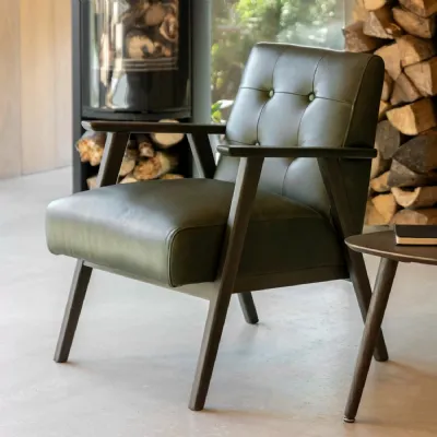 Green Leather Armchair Buttoned Back Dark Wood Framed