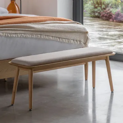 Natural Oak 2 Seater Dining Bench Grey Fabric Padded Seat