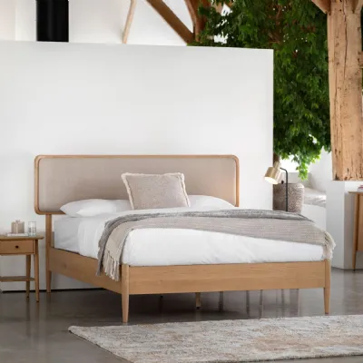 Natural Oak Wooden Neutral Fabric 5ft King Size Bed