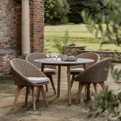 4 Seater Round Wicker Acacia Wood Garden Dining Set