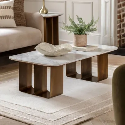 White Marble Top Large Coffee Table with Gold Metal Base