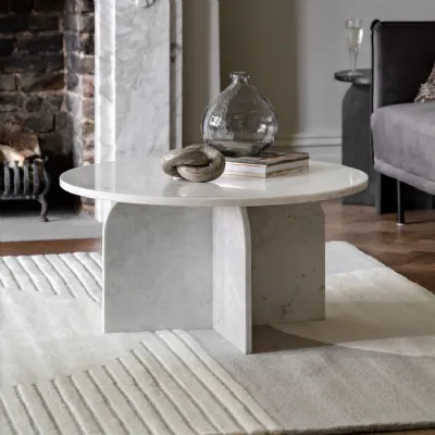 White Marble Round Coffee Table Arched Base Veining Pattern
